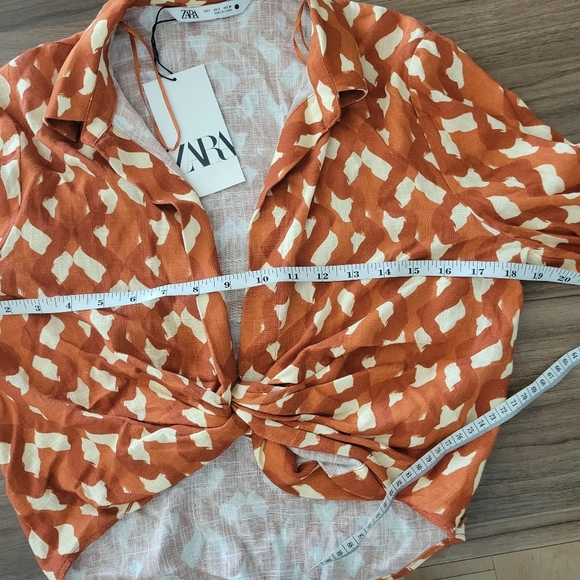 Zara Linen Blend Printed Top in Terracotta With Sequins Beads Sleeves Size S - Picture 9 of 16